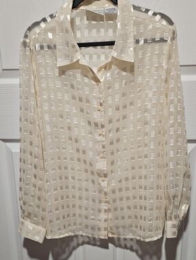 Vintage Basic Editions Ivory Sheer Square-Jacquard Button-Down Shirt